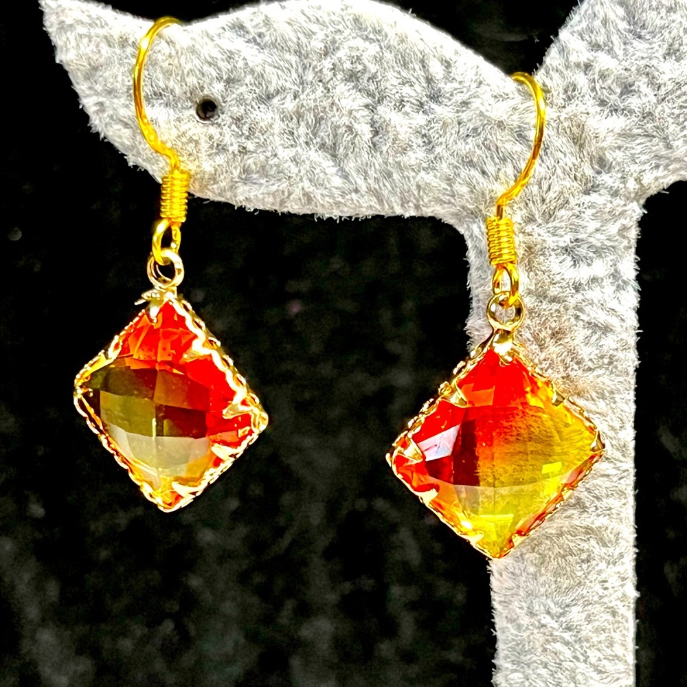 Bi Colored glass earrings in wrapped gold with hooks-fire colours